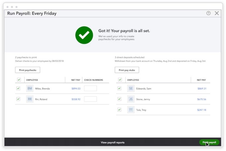 A screenshot of Quickbooks displaying a payroll set up to run every Friday. 