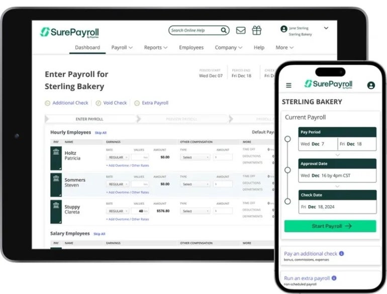 Surepayroll displays payroll details for Sterling Bakery's employees. 