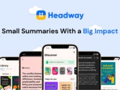 Logo and promo line for Headway, with mobile phones with different audiobook displays on screen.