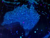 3D rendering digital map of Australia in the form of a bright glowing particle composition.