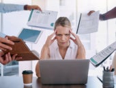 Work stress, headache and burnout mindset of a business woman working at a office computer.