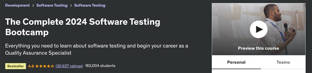 Udemy - The Complete 2024 Software Testing Bootcamp course title screenshot.