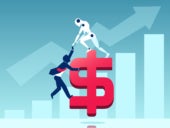 Vector of a robot helping businessman to climb a dollar sign.