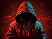 Hacker in hooded garment on red scribble background.