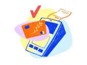 Sketch style illustration of credit card and payment processing machine.