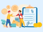 Flat vector illustration of two individuals handshaking with finance related imagery on the background.