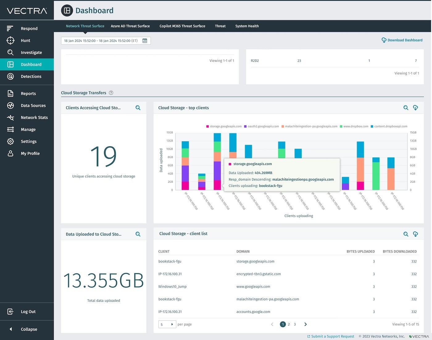 The Vectra AI dashboard shows the network threat surface.