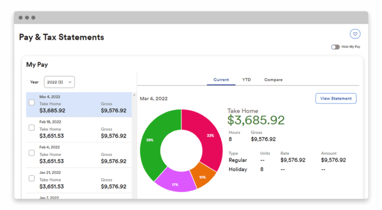 ADP's payroll dashboard displaying payroll for different pay periods. 