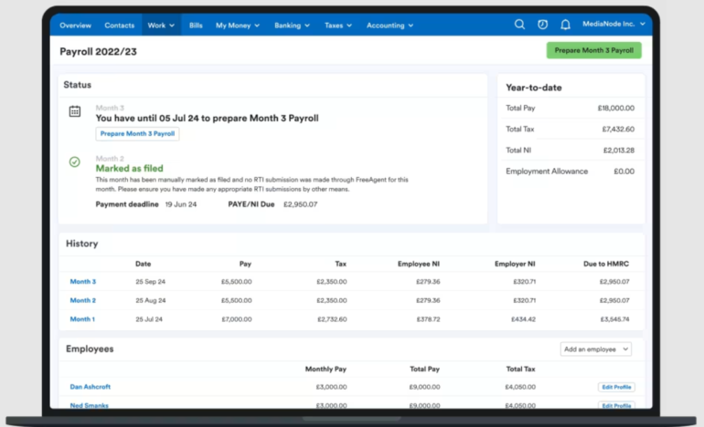 FreeAgent displays a payroll dashboard with high-level data and payroll reminders. 