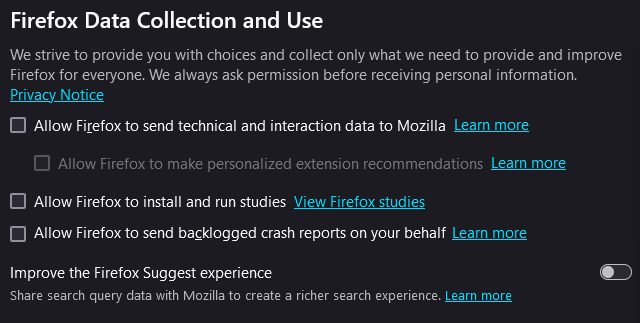 Firefox’s data collection and usage settings.