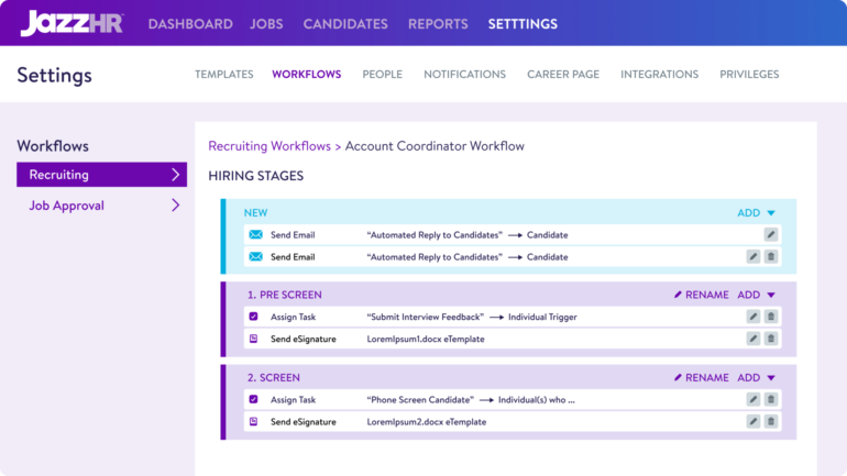 JazzHR's user interface showing different hiring stages. 