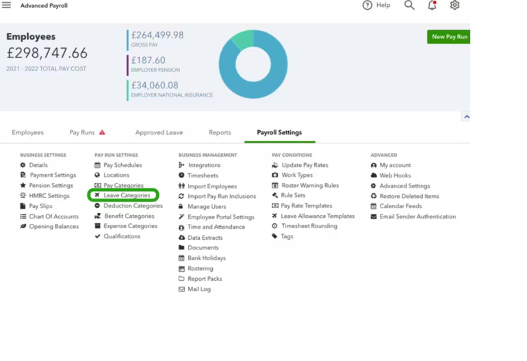 This screenshot from QuickBooks displays different payroll data in a pie chart. It also shows different menus and settings. 